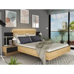 Lit Avec Chevets 140 X 190 Cm - 2 Tiroirs - Avec LEDs - Coloris : Natu...