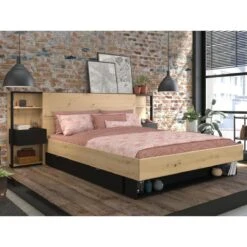 Lit Avec Chevets Et Rangements 160 X 200 Cm - Coloris : Naturel Et Noi...
