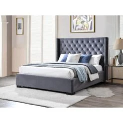 Lit Avec Tête De Lit Capitonnée - 160 X 200 Cm - Velours - Gris - MA...