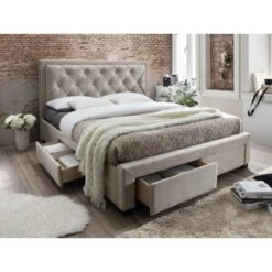 Lit Avec Tiroirs 160 X 200 Cm - Tissu Velours Champagne - LEOPOLD