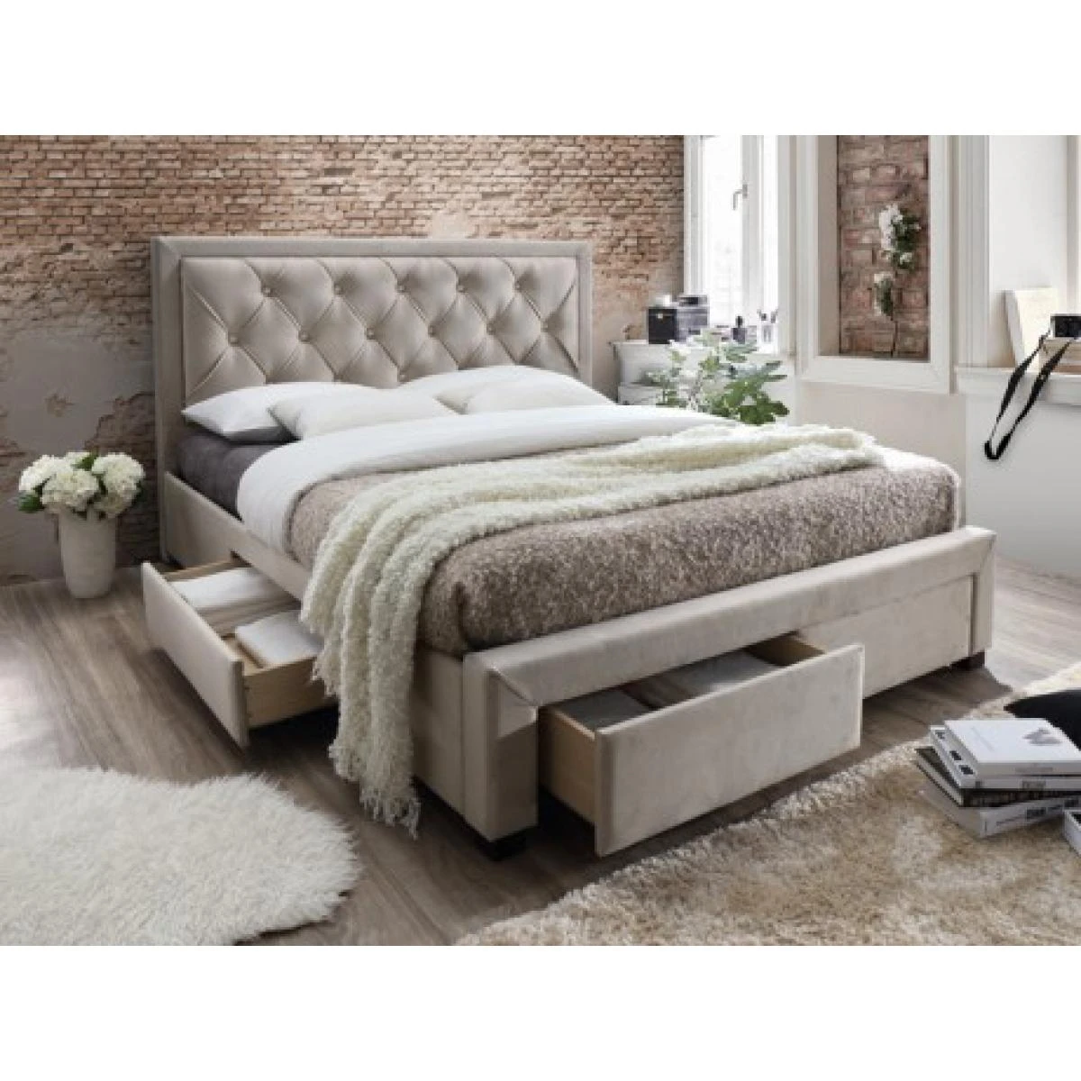 Lit Avec Tiroirs 160 X 200 Cm - Tissu Velours Champagne - LEOPOLD