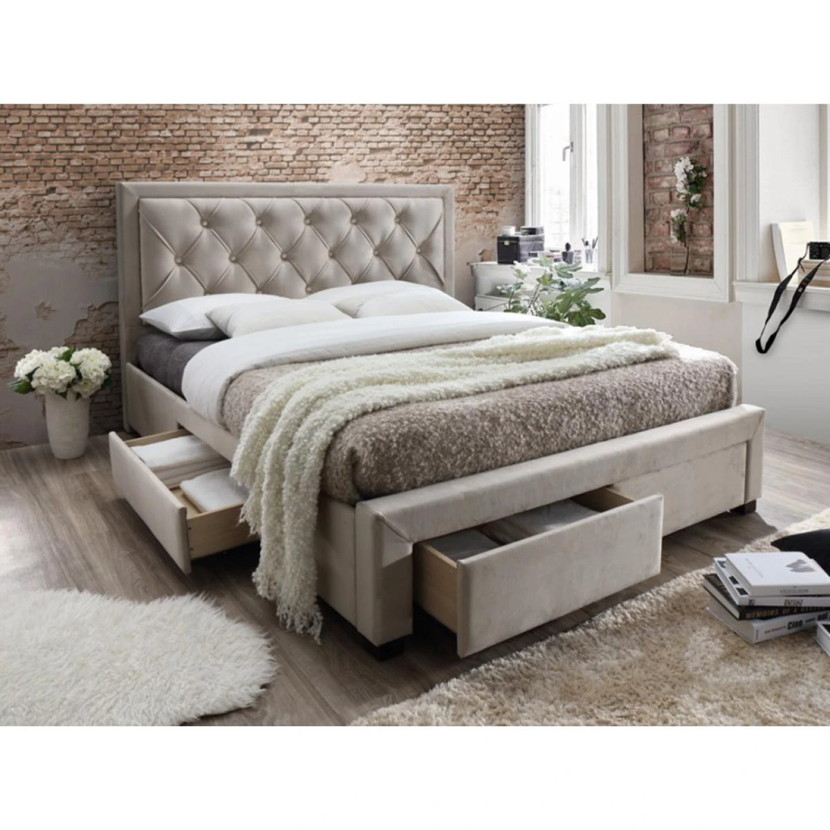 Lit Avec Tiroirs 160 X 200 Cm - Tissu Velours Champagne - LEOPOLD â Image 2