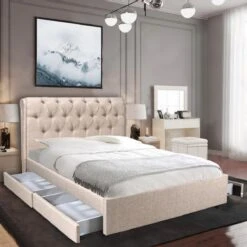 Lit CHELSEA 140x190 + 4 Tiroirs + Sommier / Beige