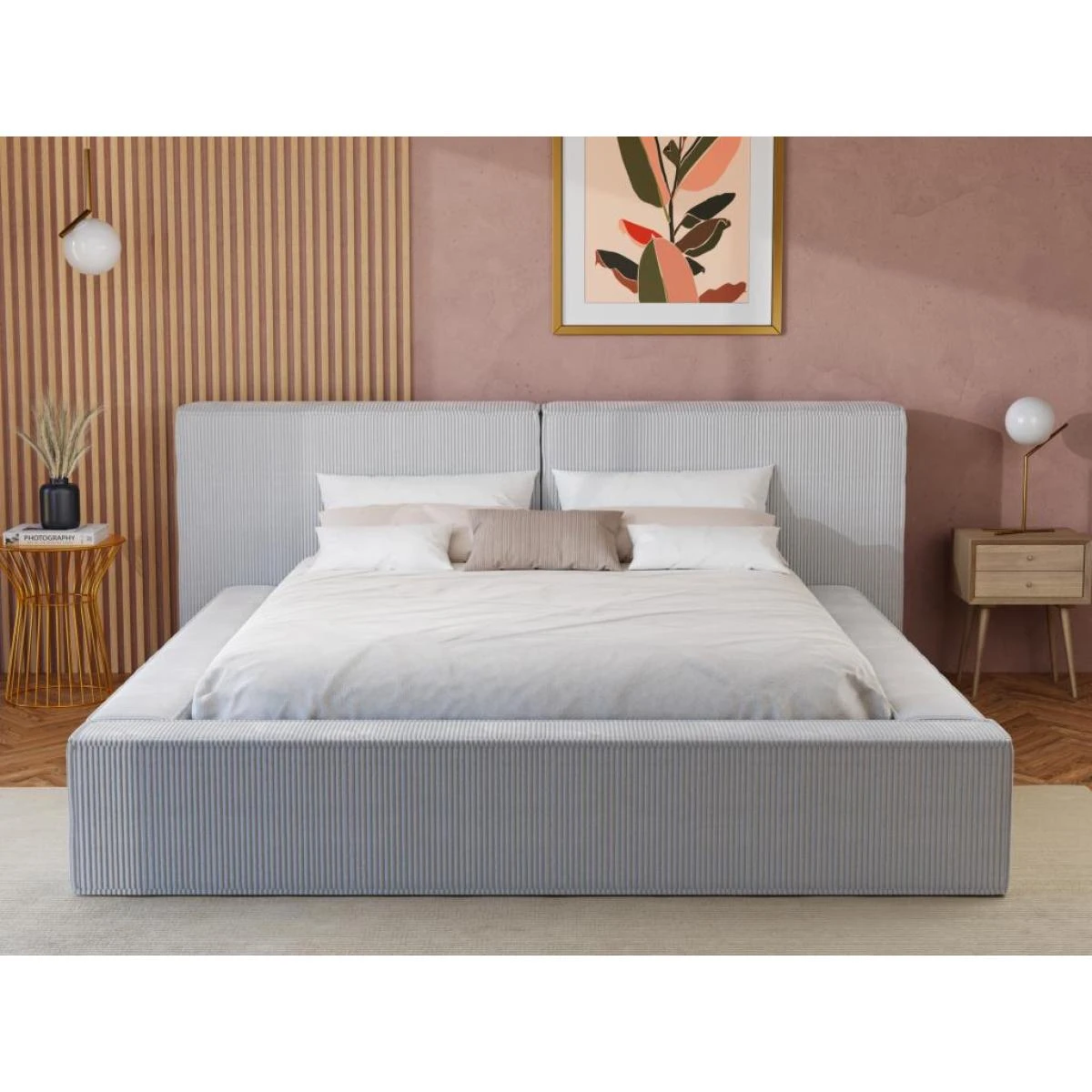 Lit Coffre 180 X 200 Cm - Velours Côtelé - Gris Clair - TIMANO – Image 2