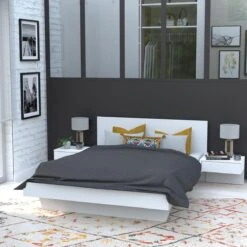 Lit COOL 140x190 Cm + 2 Chevets + Sommier / Blanc