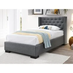 Lit Avec Tête De Lit Capitonnée - 90 X 200 Cm - Tissu - Gris - MASSI...