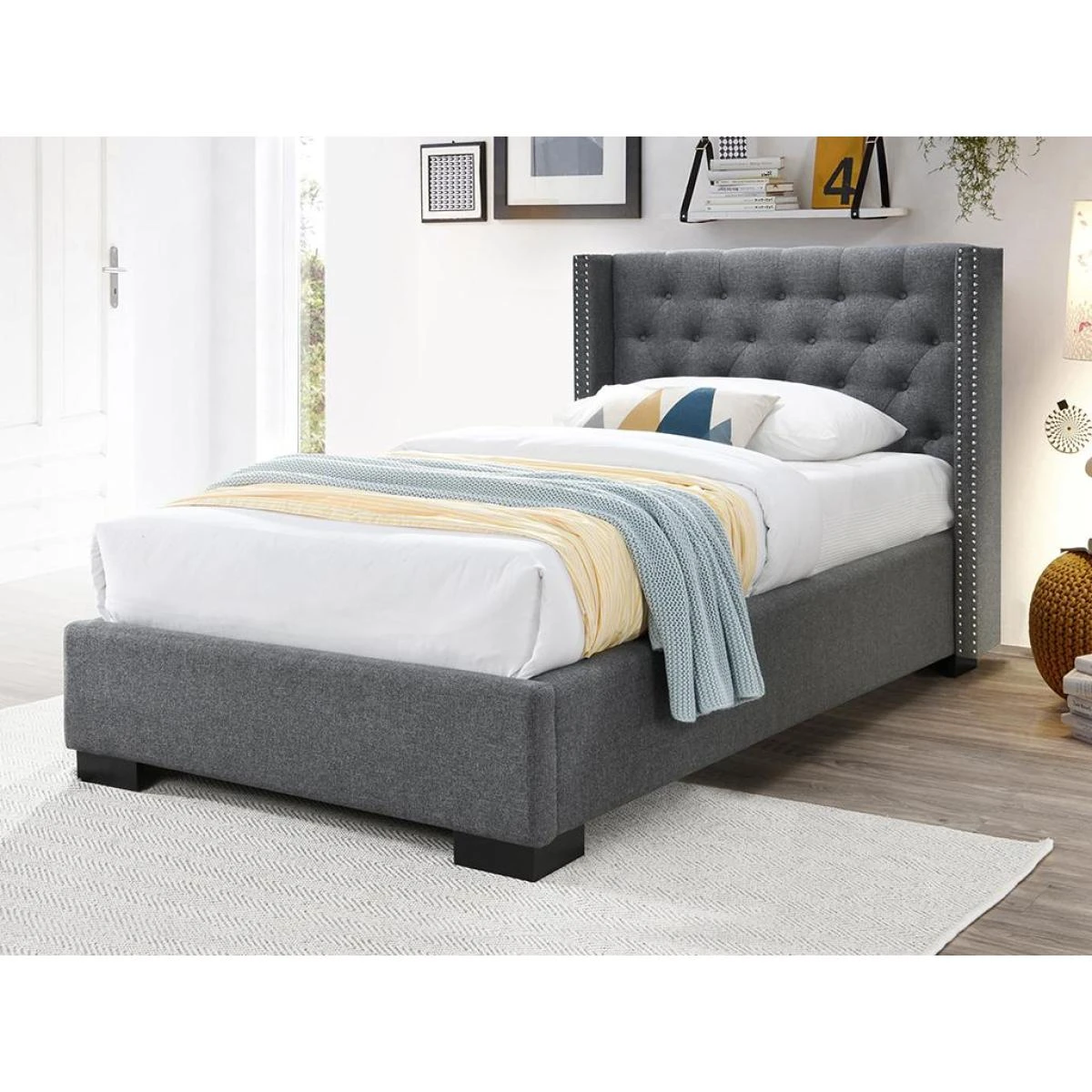 Lit Avec Tête De Lit Capitonnée - 90 X 200 Cm - Tissu - Gris - MASSI...
