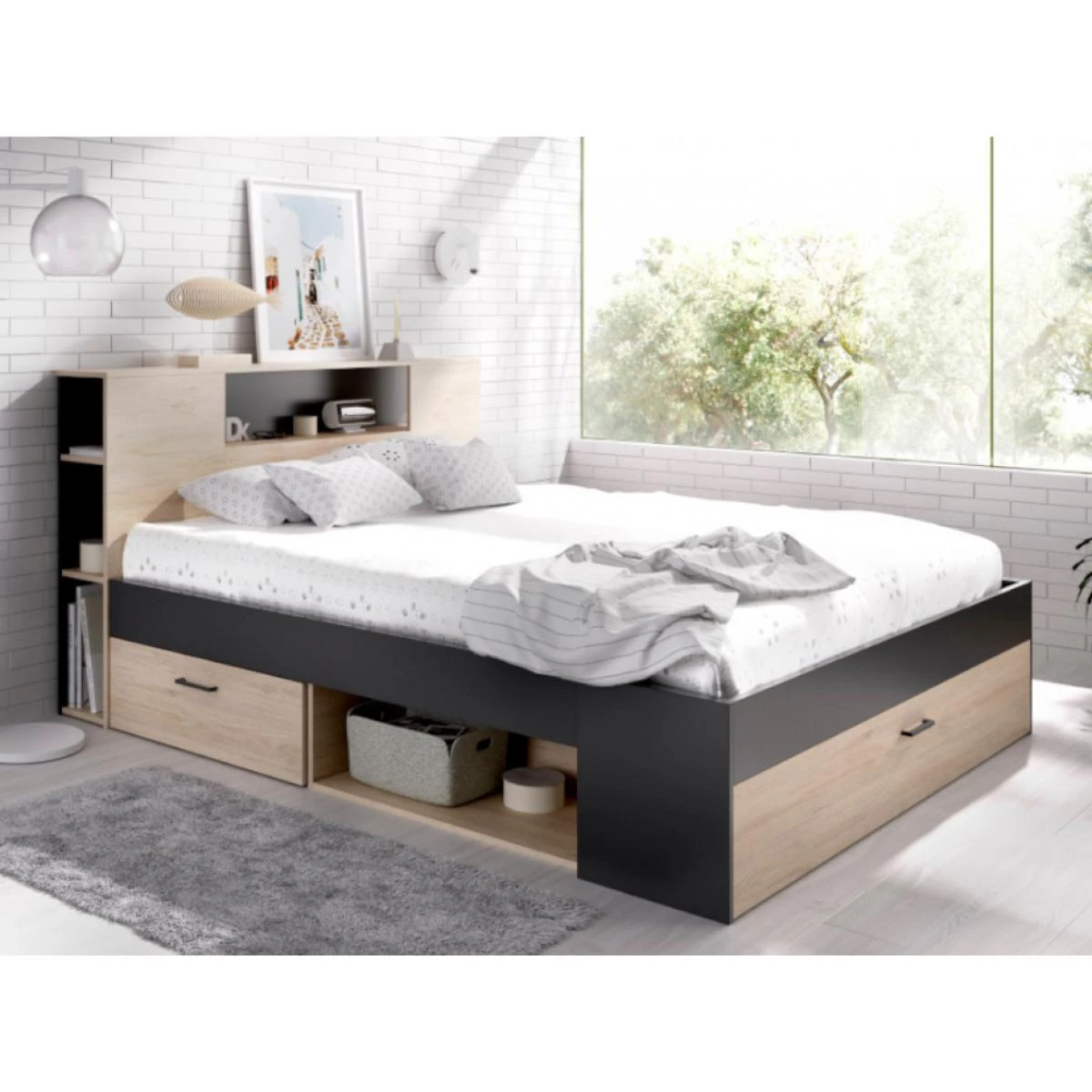 Lit Avec TĂȘte De Lit Rangements Et Tiroirs - 160 X 200cm - Coloris : ... â Image 2