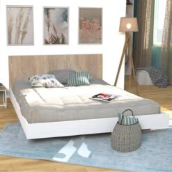 Lit LOFT 140x190 + 1 Sommier + Tête De Lit / Blanc & Chêne Blanchi